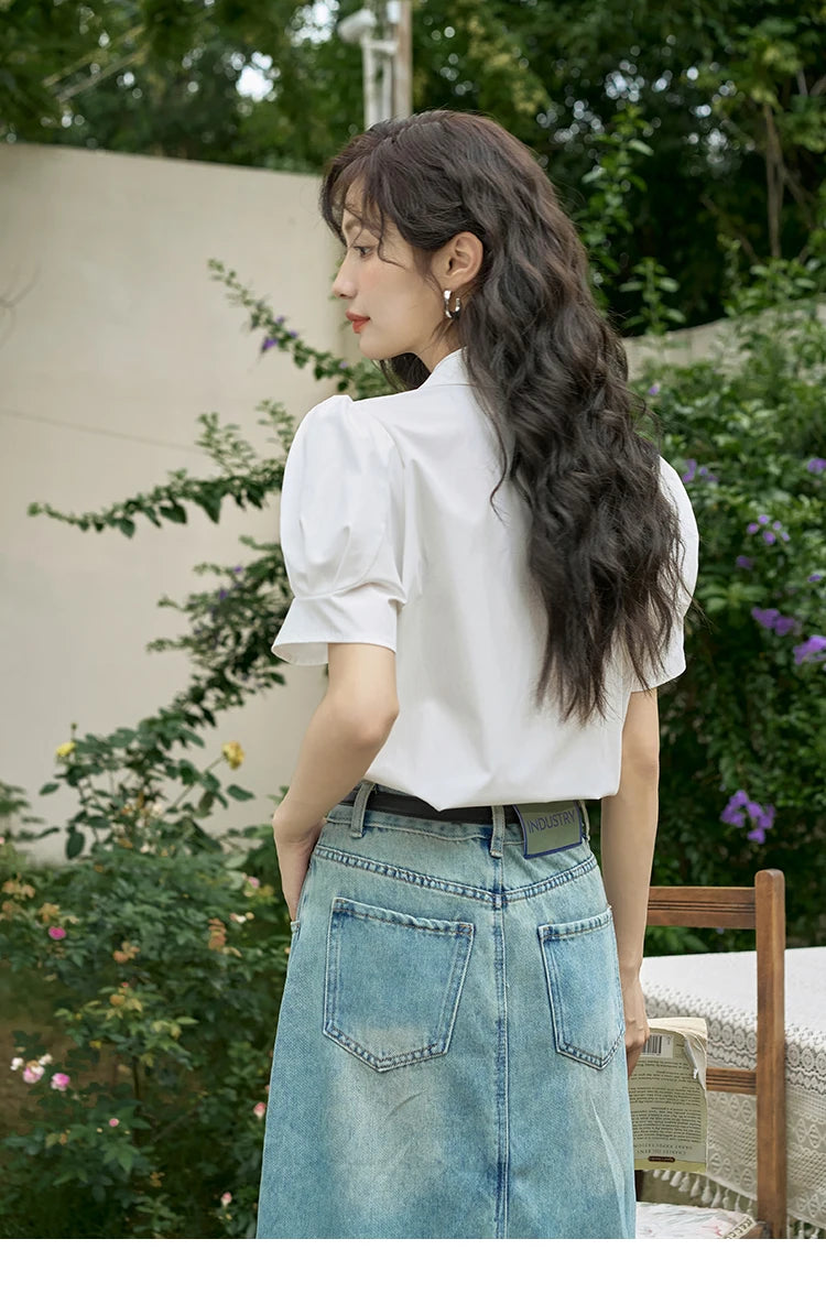 MISHOW Bubble Sleeve V-neck Commuting Shirts for Women 2025 Summer Retro Lapel Neck Short Sleeve Loose Solid Tops MXD28X1471