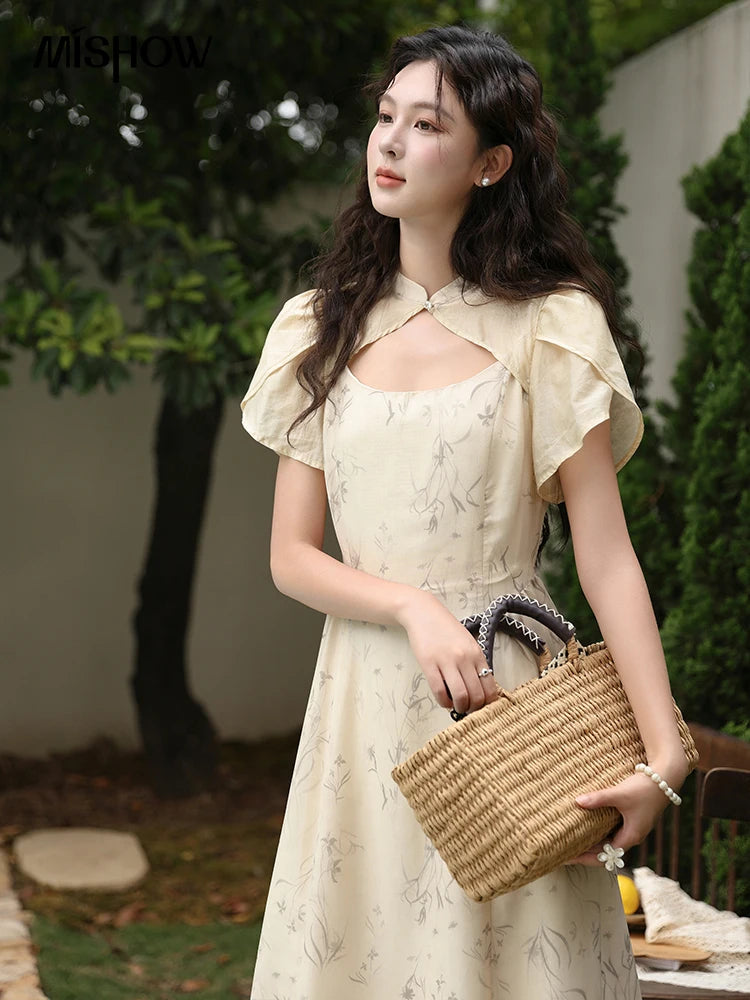 MISHOW Chinese Improved Cheongsam Floral Dress for Women 2024 Summer Hollow Out Fake Two-piece Printed Chiffon Dress MXD23L1799