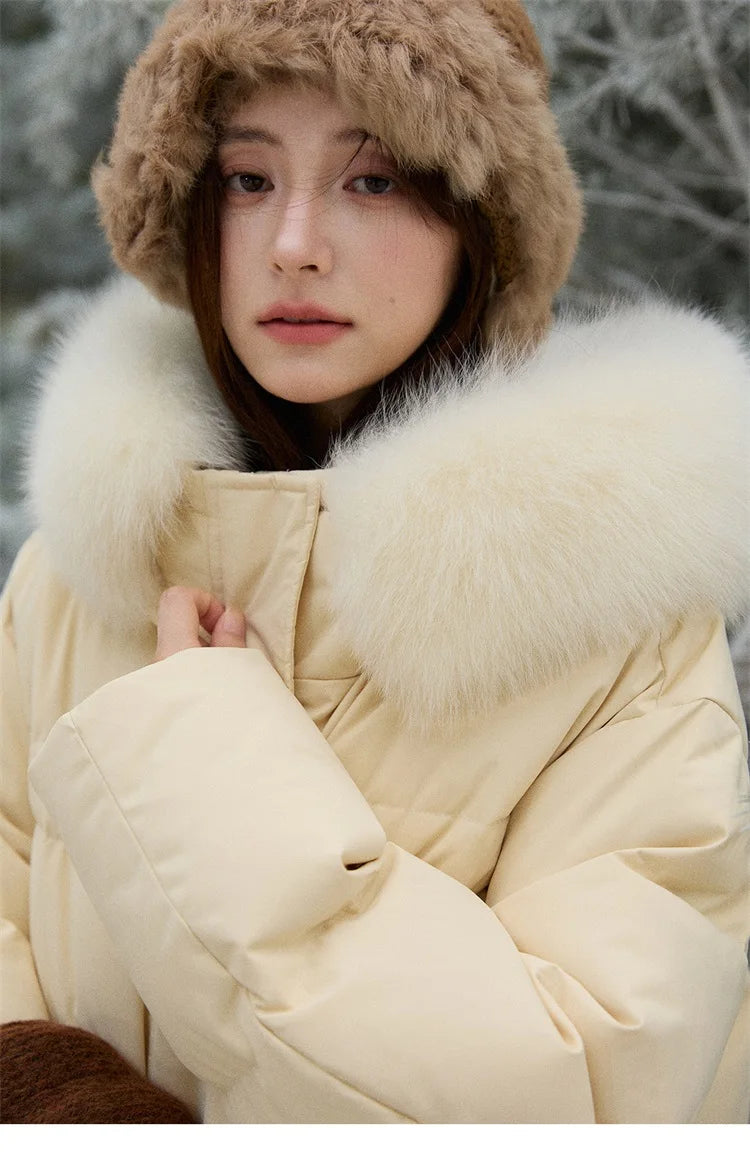 MISHOW Short Lightweight Puffer for Women 2025 Fashion Loose Long-sleeved Down Jacket Detachable Fur Collar Warm Coat MXE87Y0084