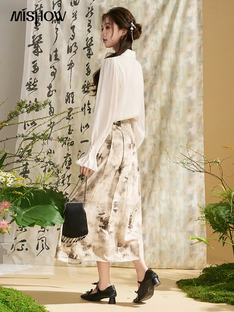 MISHOW Chinese Style Lapel Shirt 2024 Spring Retro Button Pearl Embellishments Folded Cuffs Petal Sleeve Loose Top MXD11X1344