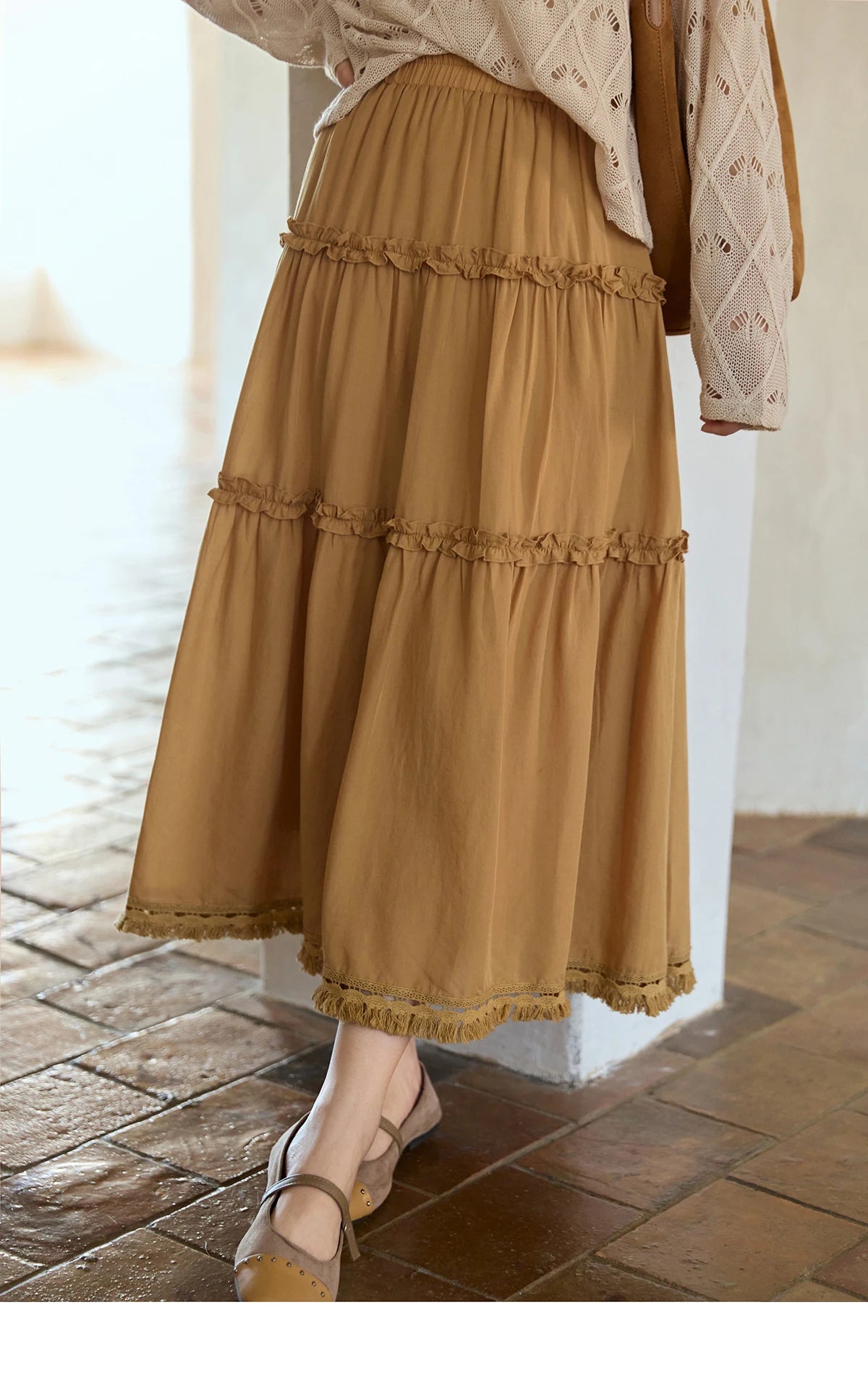 MISHOW Retro Orange 100 Lyocell Skirt 2025 Autumn Black Fungus Edge A-line Skirts Elastic High Waist Hem Tassel Skirt MXE42B2386