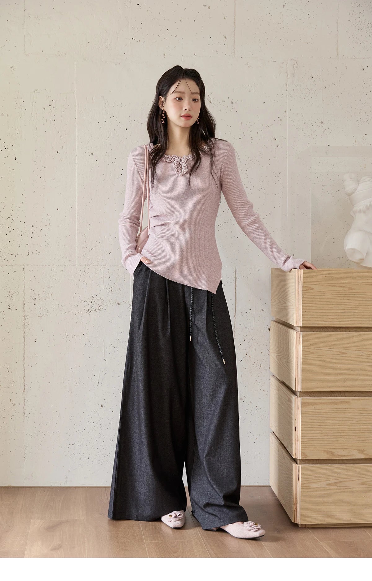 MISHOW Women's Trousers 2025 Autumn Winter Lace-up Gray Wide-leg Pants High Waist Slim Commuting Casual Pants Women MXE51K1106