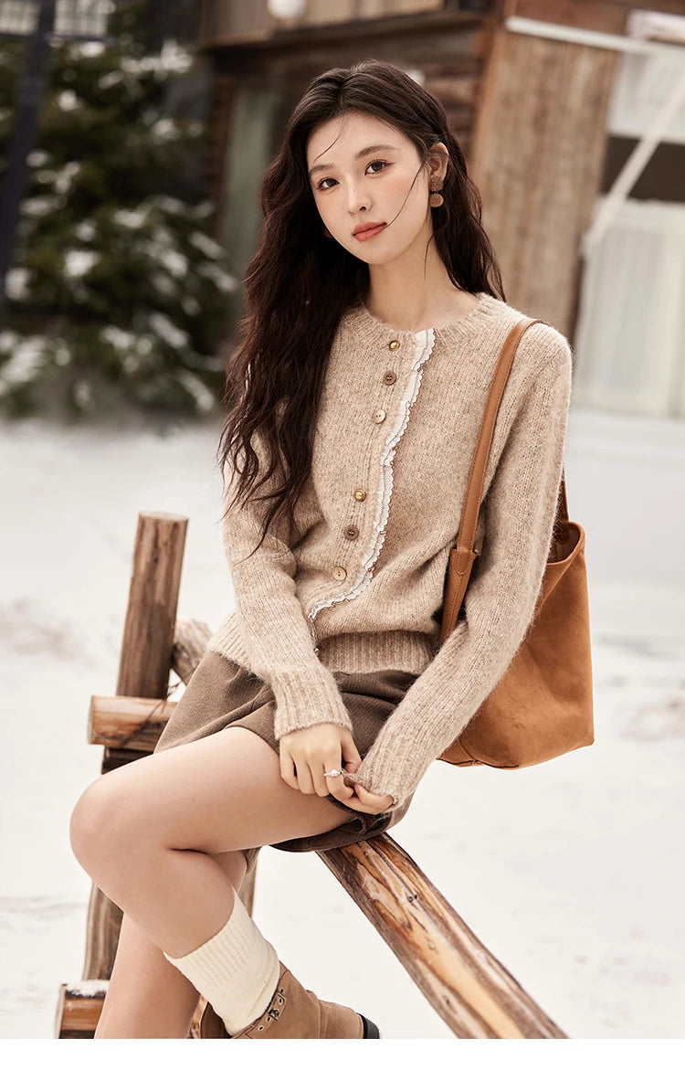 MISHOW Spliced Lace Knitted Cardigan O-Neck Sweaters Women Button Design Temperament Long Sleeved Tops Office Lady MXD58Z0998