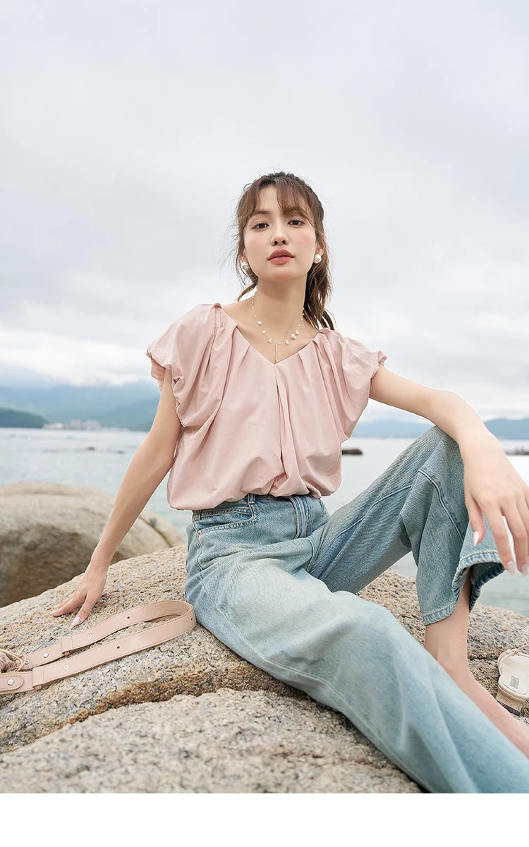 MISHOW Soft Blouses for Women 2025 Summer French Rear Collar Tie Up Solid Short Sleeve Solid V Neck Puff Sleeve Tops MXC38X1275