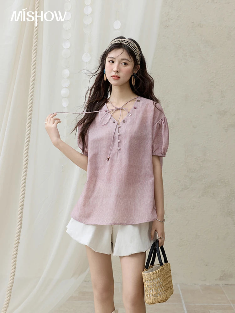 MISHOW French Summer Blouses Women Solid Short Puff Sleeve V-neck Lace-up Design Shirts Female Fashion Straight Tops MXE33X1743