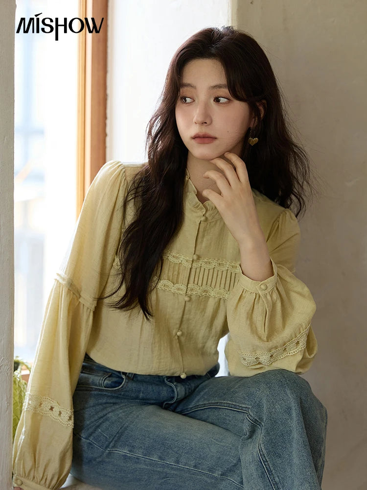 MISHOW Light Yellow Linen Solid Shirt 2025 Autumn Splicing Lace Hollow Sleeves Shirts Stand Collar Top Office Lady MXE42X1976