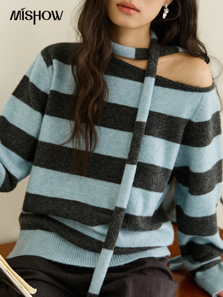 MISHOW Blue Gray Stripe Knitted Top 2025 Autumn Slanted Shoulder Collar Sweaters with Ribbon Loose Wool Blend Sweater MXE46Z2540