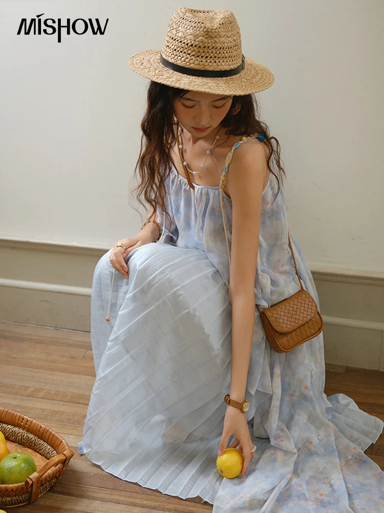 MISHOW Fashion Print Strap Dress for Women 2025 Summer New Multi Layer Ruffle Edge Splicing Sleeveless Midi Dresses MXE35L2233