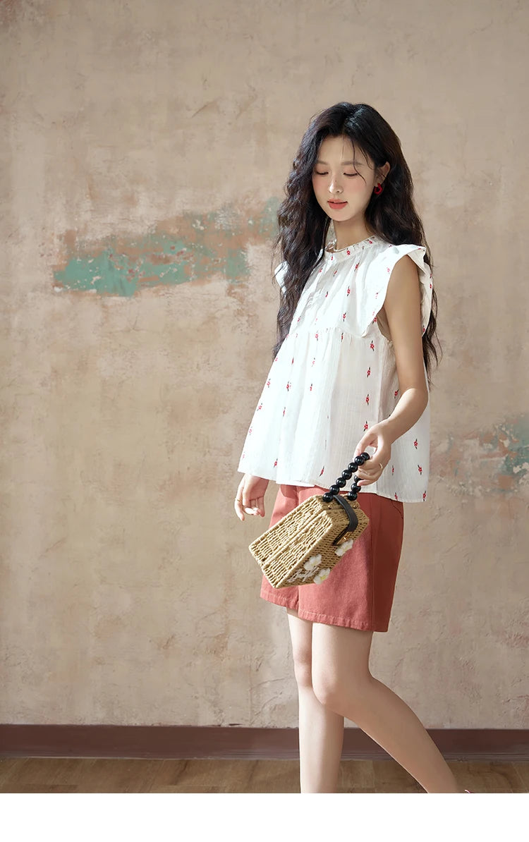 MISHOW Red Casual Shorts for Women 2024 Summer Korean Symmetrical Pocket High Waist Loose Straight Leg Short Pants MXD25K0679