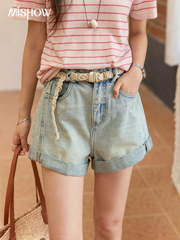 MISHOW Retro Light Blue Denim Shorts for Women Summer 2025 Fashion High Waist Washed Button Zipper Wide Leg Shorts MXE35K0944