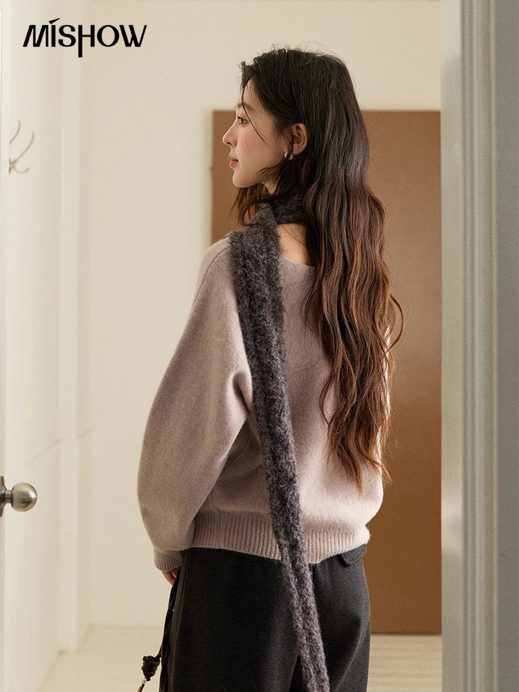 MISHOW Women's Solid Knitted Sweater 2025 Autumn Winter Boat Neck Lantern Sleeve Loose Sweater Soft Warm Pullover Top MXE94Z2984