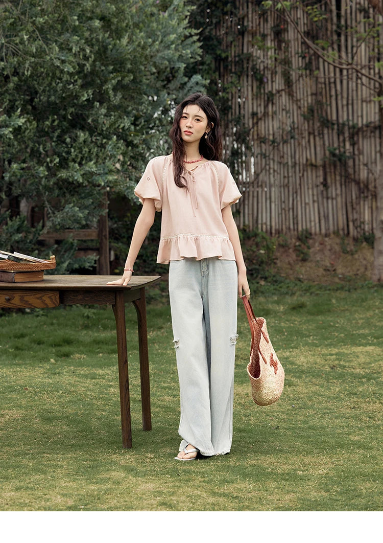 MISHOW French Summer Blouse Women 2025 Short Puff Sleeve Round Neck Solid Hollow Embroidery Shirts Woman Holiday Thin MXE31X1747