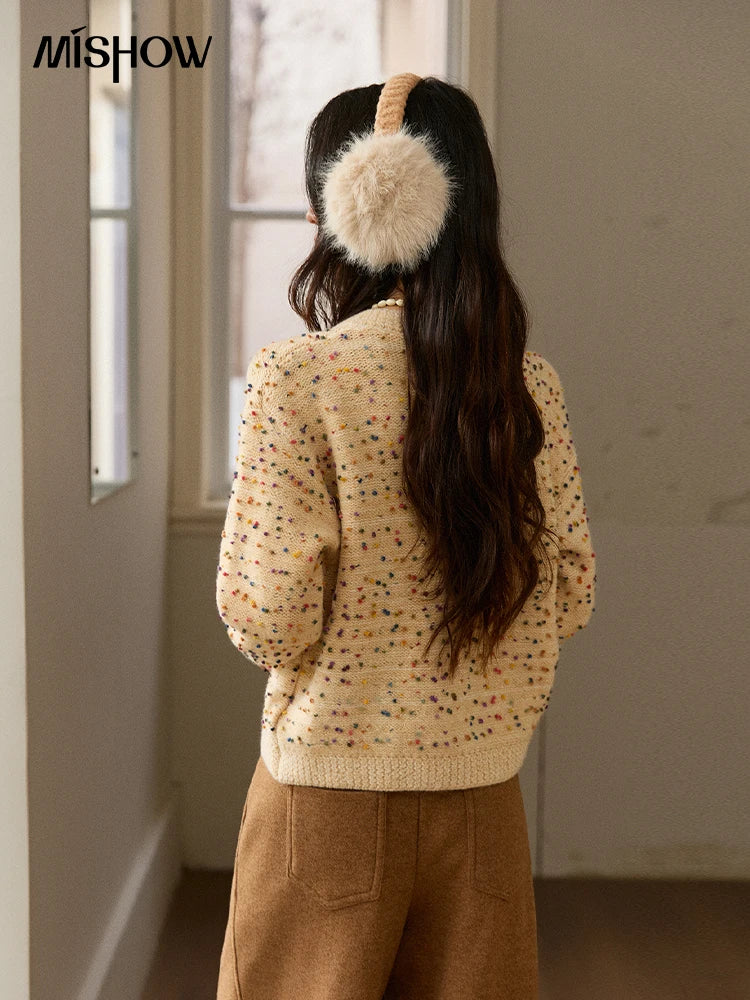 MISHOW Colorful Yellow Sweater Cardigan for Women Winter 2025 Arctic Fleece Retro Round Neck Warm Thick Knit Sweaters MXE91Z2778