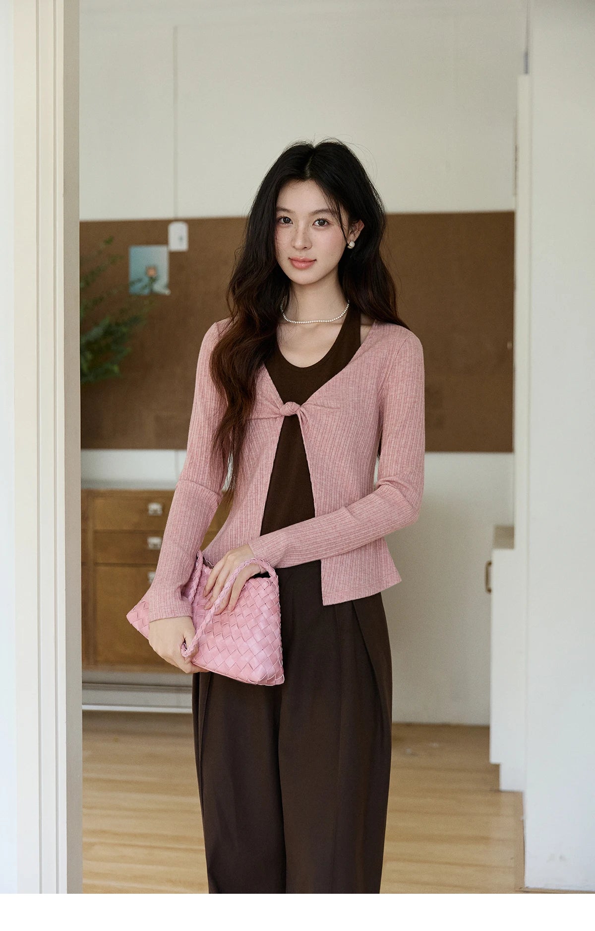 MISHOW Women's Pink Brown Fake Two-Piece Top 2026 Spring Ribbed Knit Knot Front Thin Top U-Neck Long Sleeve Slim Tops MXF11Z2912
