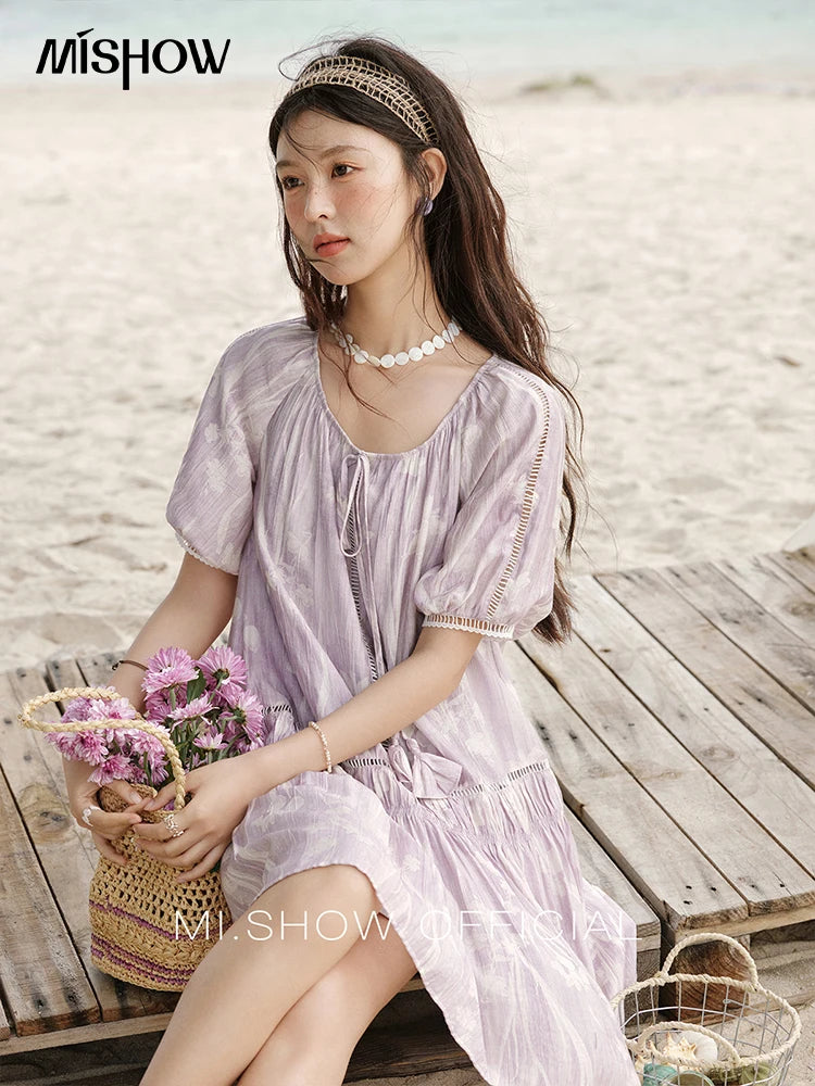 MISHOW Print Summer Chiffon Dress Women 2025 Short Sleeve U Neck Splicing Hollow Lace Midi Dresses Lady New Fashion MXE32L2164