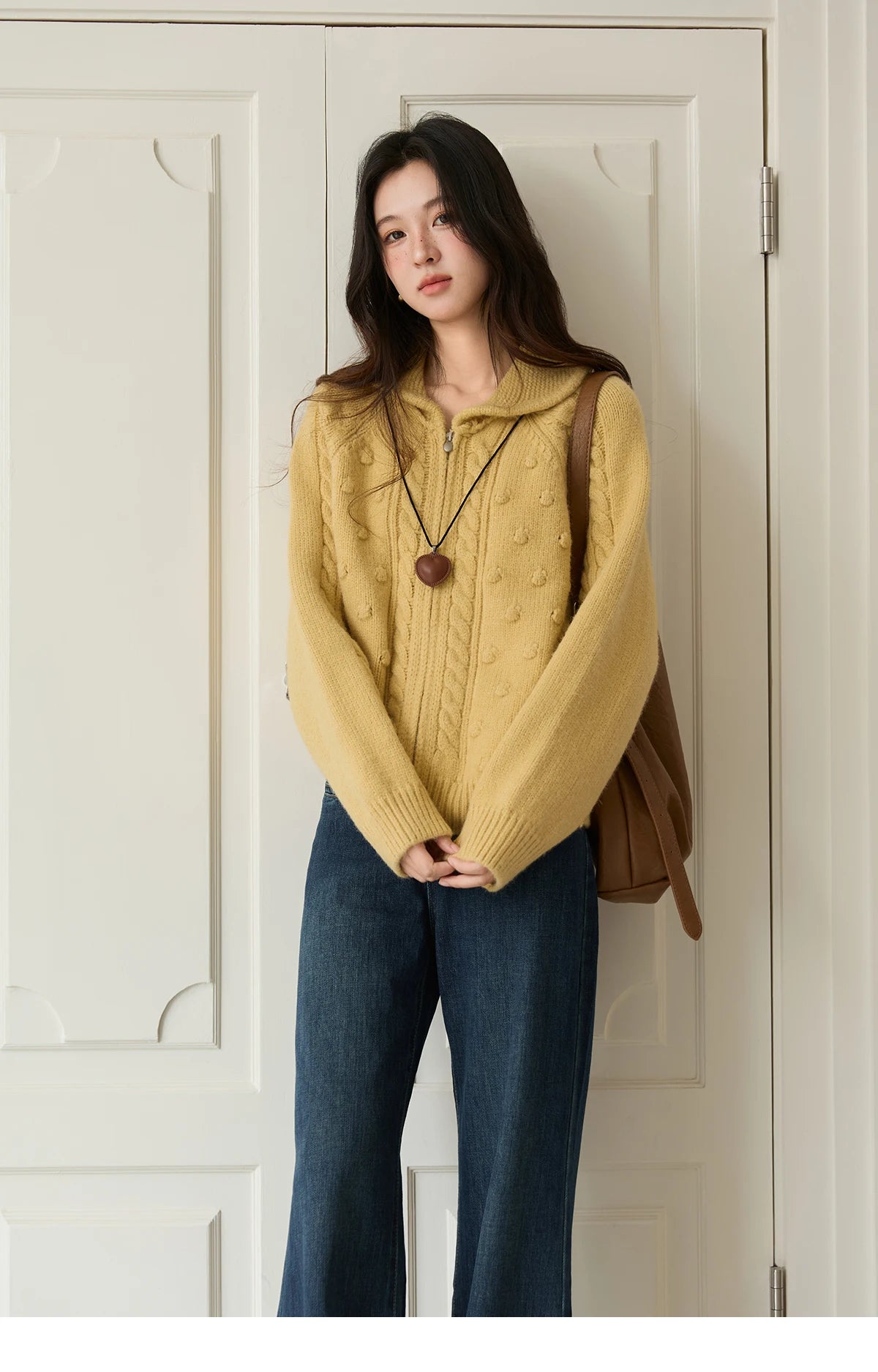 MISHOW Zipper Knit Cardigan Women 2025 Winter Yellow Turn-down Collar Loose Thick Sweater Luxury Comfort Casual Top MXE49Z2619