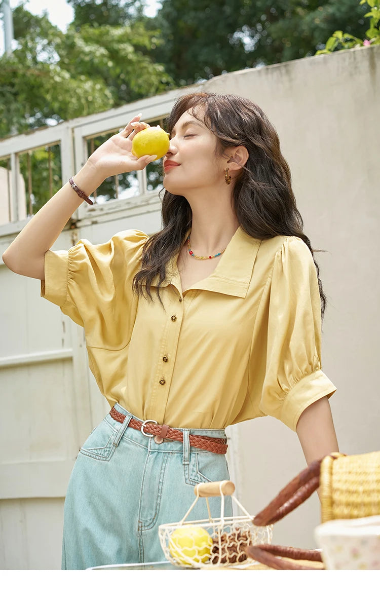 MISHOW Women's Short Sleeve Shirt Summer Thin Casual Simple Loose Elegant Blouses for Women 2024 Fashion Lapel Tops MXD28C0247