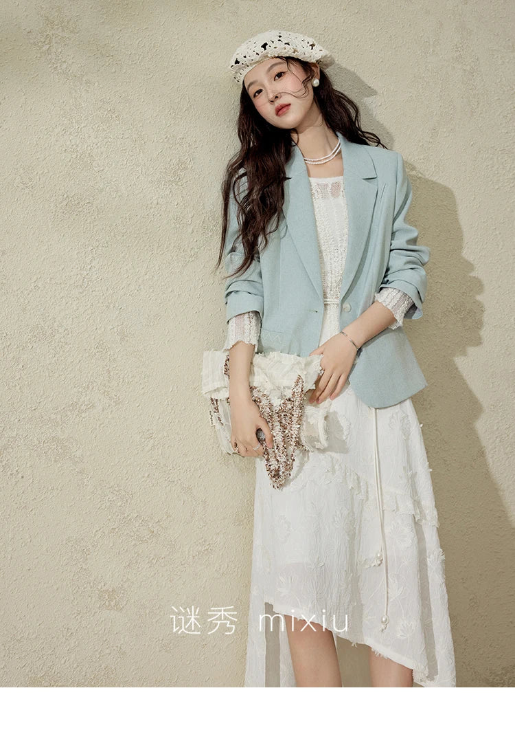 MISHOW Women 's Apricot White Hollow Knitted Sweater Spring 2025 Mohair Cover Drop Sleeve Top Strapless Slim Tube Top MXE12Z1120