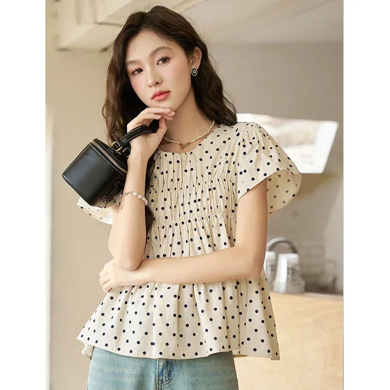 MISHOW Polka Dot Blouses for Women 2025 Summer French Flying Sleeve O Neck Elastic Folds Loose Retro Female Doll Top MXC39X1291