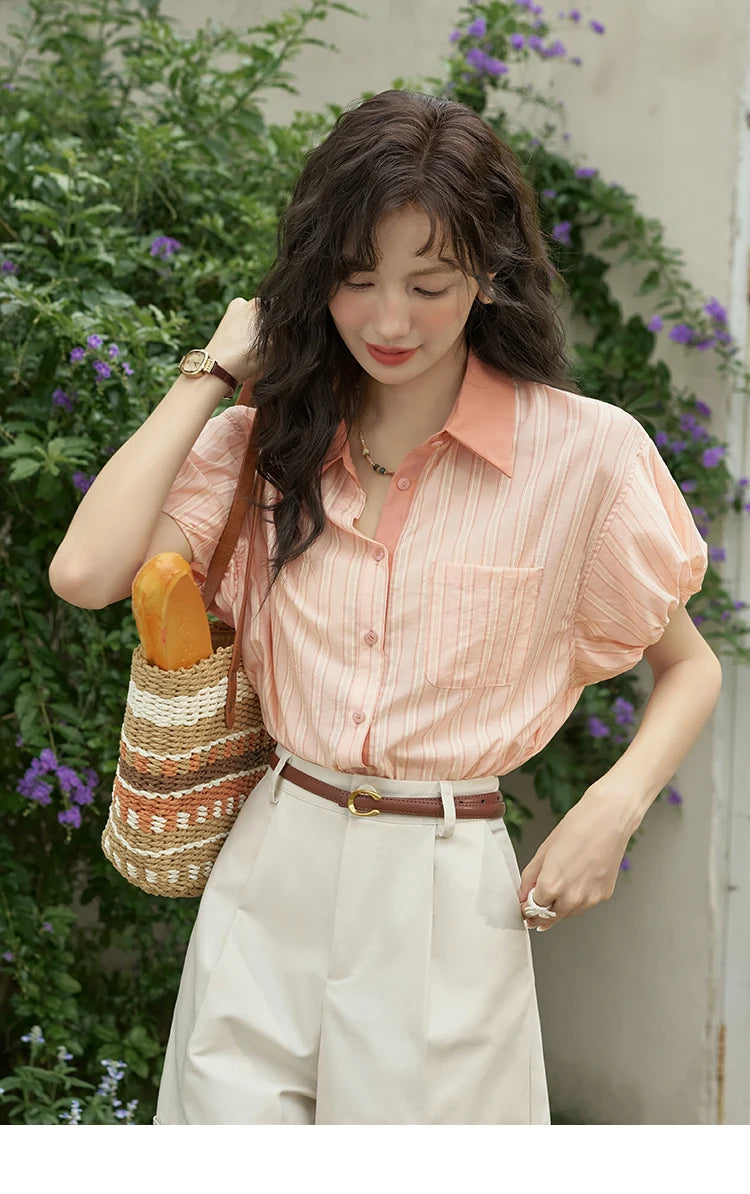 MISHOW Women's Hong Kong Retro Pink Striped Shirt 2024 Summer Short Sleeve Bubble Sleeve Single Breasted Lapel Top MXD28C0250