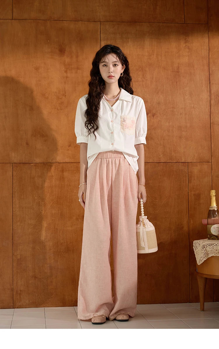 MISHOW Women's 100 Cotton Short Sleeved Shirt Loose 2025 Summer Embroidered Pocket Top Polo Neck Puff Sleeve Shirts MXD26C0243