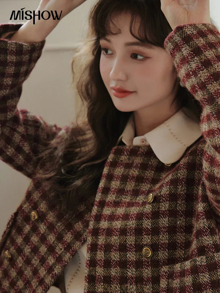 MISHOW Women's Vintage Plaid Coat 2024 Autumn French Single Breasted Crew Neck Crop Woolen Tops Office Lady Outerwear MXC48W0175