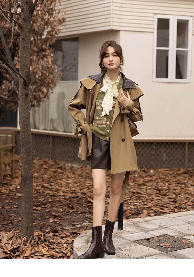 MISHOW Trench Coats for Women Autumn Korean Office Lady Polo Collar Patchwork Long Mid-length Jacket Female Outerwear MXB33W0399