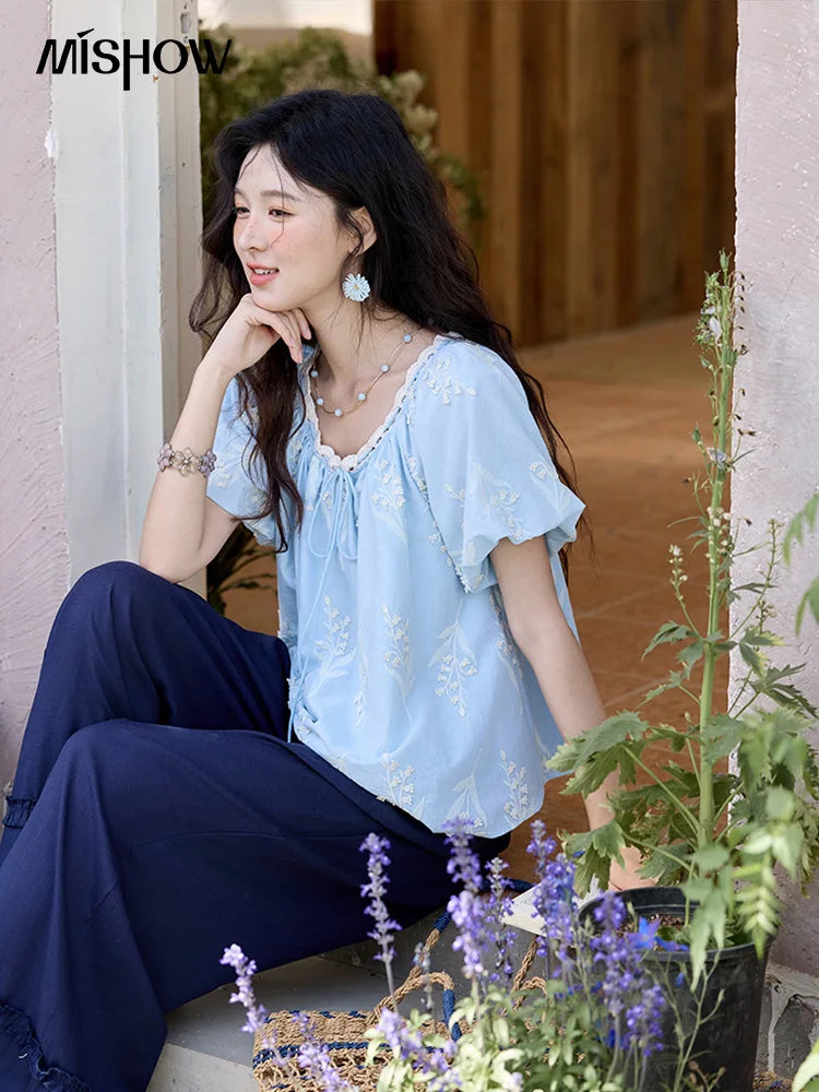 MISHOW Blue Pure Cotton Embroidered Blouses 2025 Summer Wave Edged O-neck Tops Contrasting Lace Up Loose Doll Blouses MXE35X1791