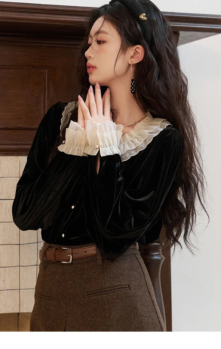 MISHOW French Retro Velvet Blouses for Women 2025 Autumn Winter Button Down O Neck Korean Long Sleeve Shirt Tops MXC51X1323