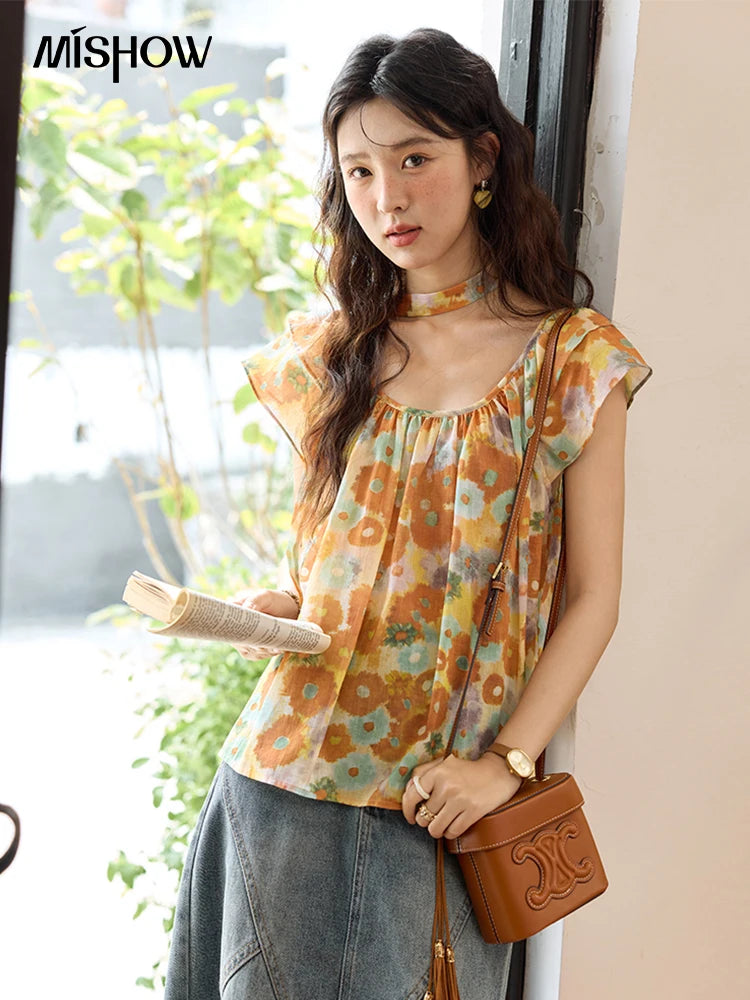 MISHOW 100 Cotton Citrus Oil Painting Printed blouse for Women 2025 Summer Vacation Korean Flying Sleeve Casual Top MXE36X1872