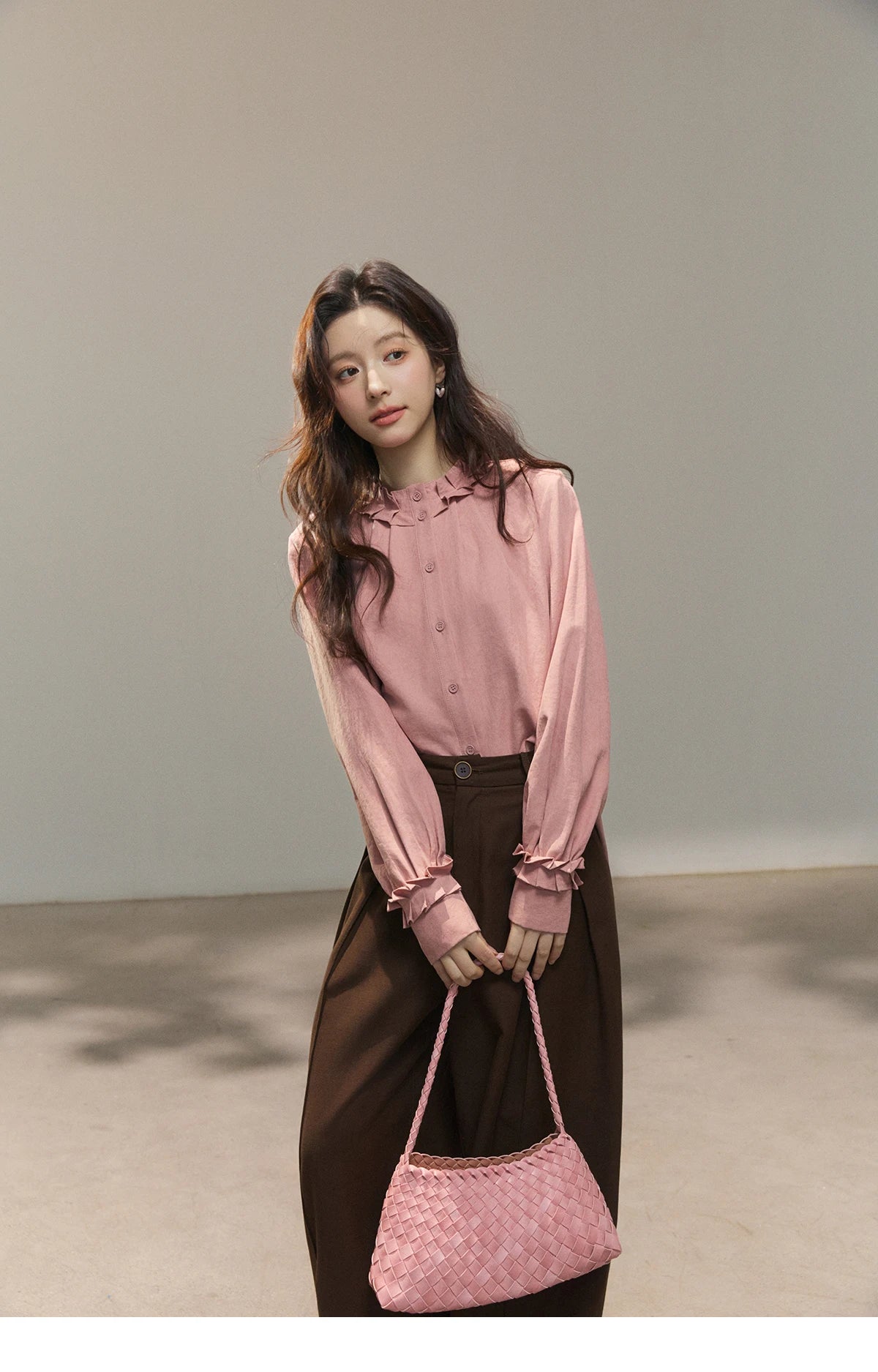 MISHOW Women's Peach Skin Solid Shirt 2026 Spring Ruffled Crew Neck Single-breasted Tops Casual Long Sleeve Shirts MXF11C2431