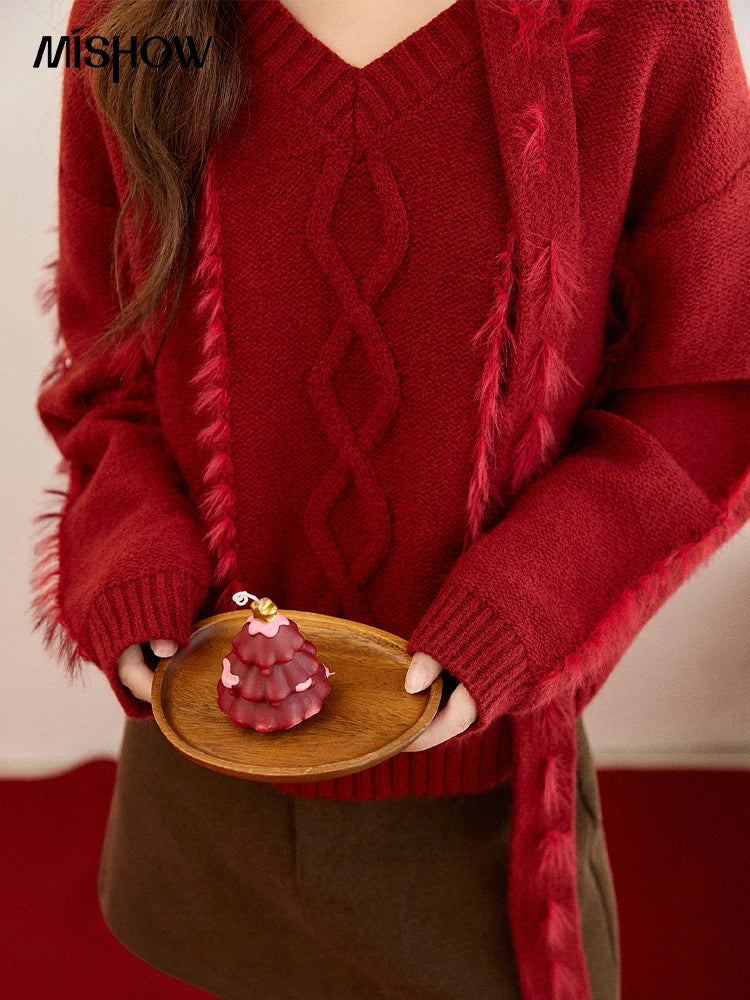 MISHOW Christmas Knitted Sweater Women 2025 Winter Burgundy V-neck Loose Tops Mink Fur Tassel with Scarf Tie Sweaters MXE93Z2809