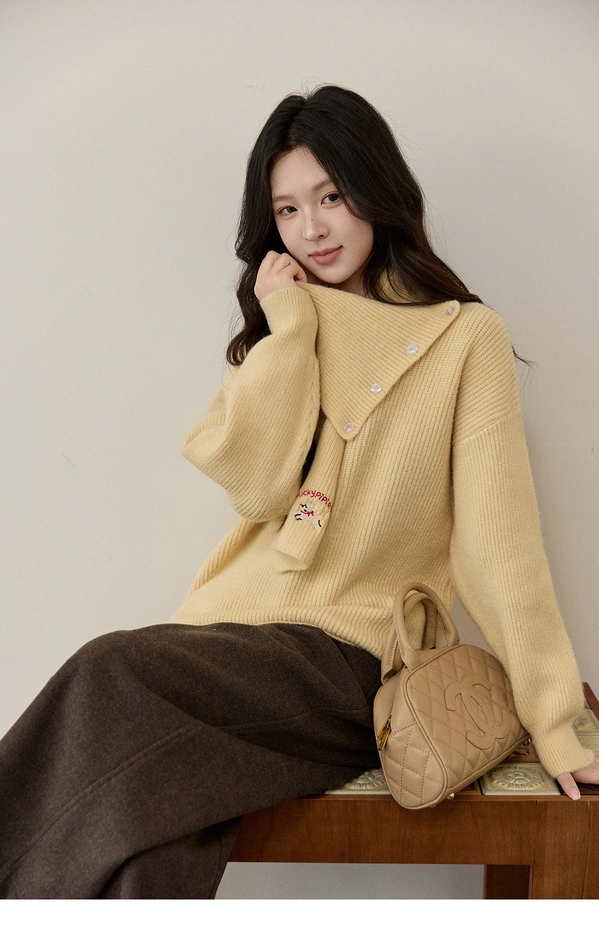 MISHOW Women's Yellow Sweater with Detachable Scarf 2025 Autumn Winter Loose Casual Warm Thickened Knit Pullover MXE93Z2953