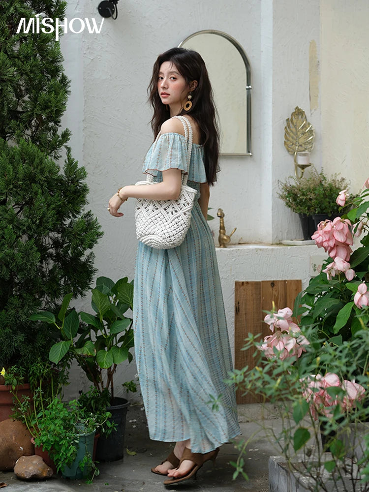 MISHOW Women's Fashion Slash Neck Chiffon Dress 2025 Ladies Elegant Vacation Striped French Dresses Female Clothing MXE39L2380