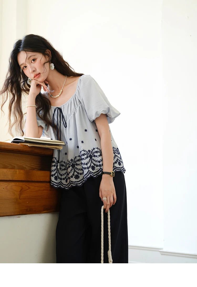 MISHOW Women's Summer Loose Print Blouse 2025 New Fashion Square Neck Lace Up Puff Sleeve Blue Blouse Female Clothing MXE36X1799