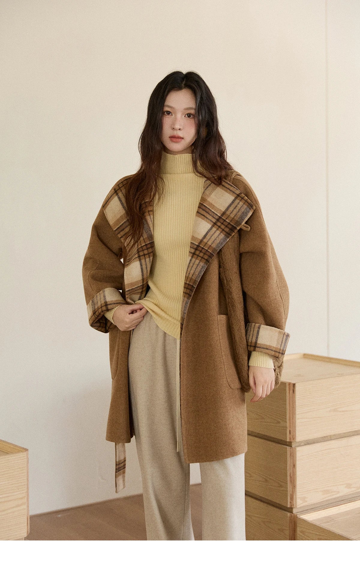 MISHOW Plaid Double-faced Wool Coat Women 2025 Winter Retro Lapel Single Buckle Loose Mid-length Coat Woman Clothes MXE89W0898