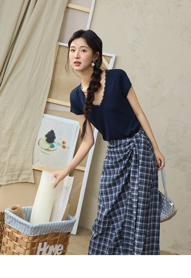 MISHOW Women's Short Sleeve T-shirt 2025 Summer Office Lady Fashion V-neck Spliced Lace Casual Tee Female Clothing MXE36T0644