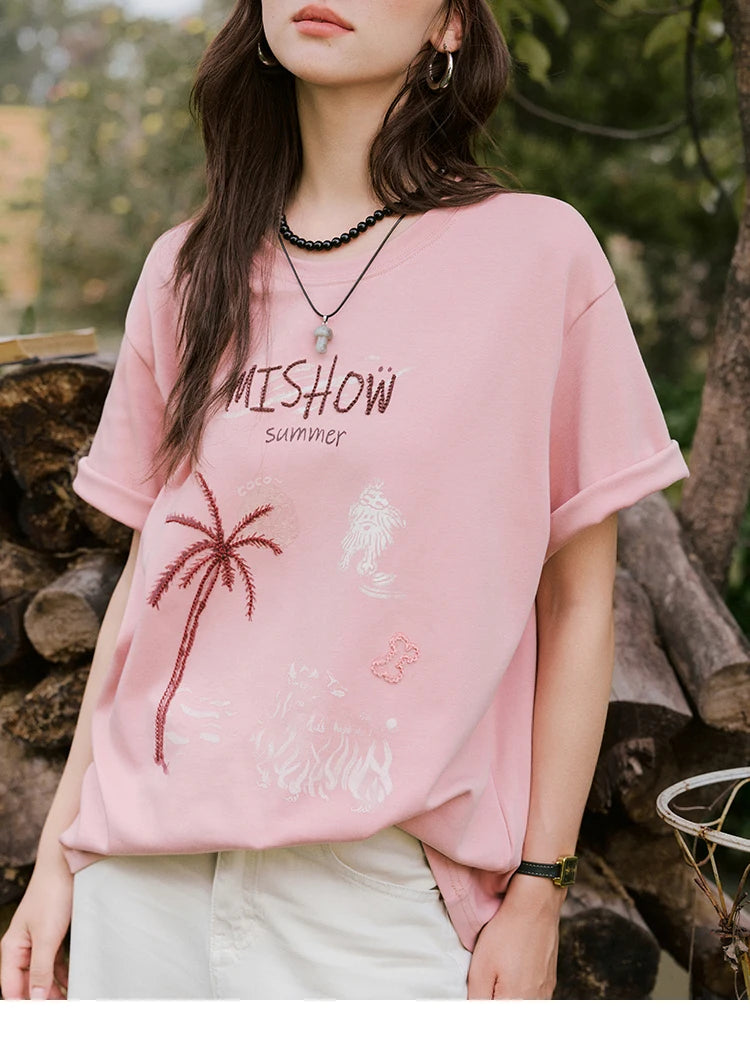 MISHOW Casual Print T-shirts Women 2025 Summer New Short Sleeve Round Neck Coconut Tree Pattern Shirt Woman Holiday MXE31T0516