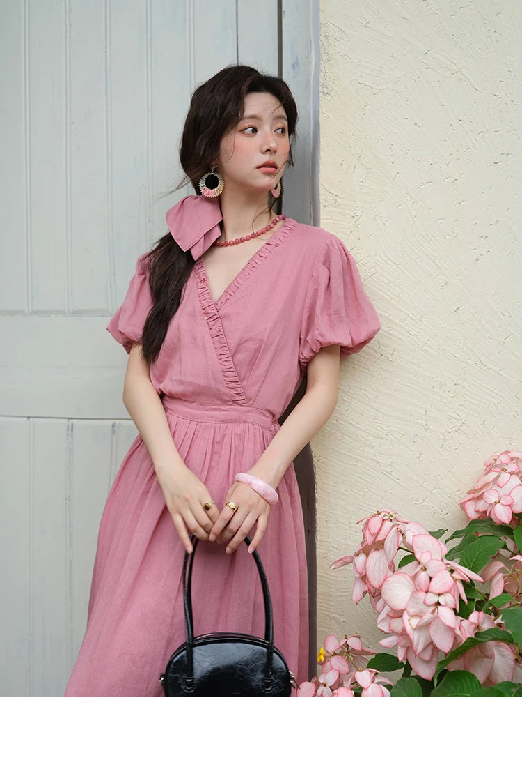 MISHOW Summer Fashion V-neck Dress Woman 2025 New Puff Sleeve Sashes Elegant Pocket Vacation Dresses Ladies Clothing MXE39L2381