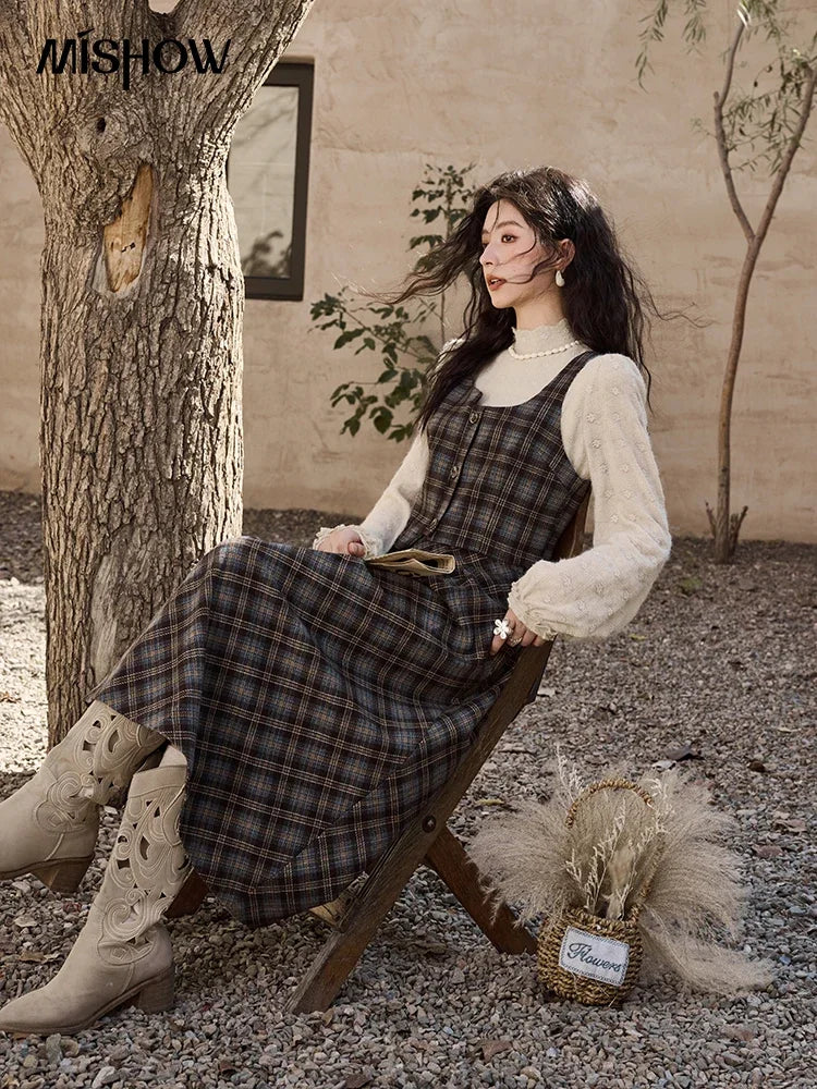 MISHOW Blue Plaid Vest Retro Skirt Separately Women 2024 Winter Retro Plaid Irregular Square Collar Top Midi Skirt MXD44W0454