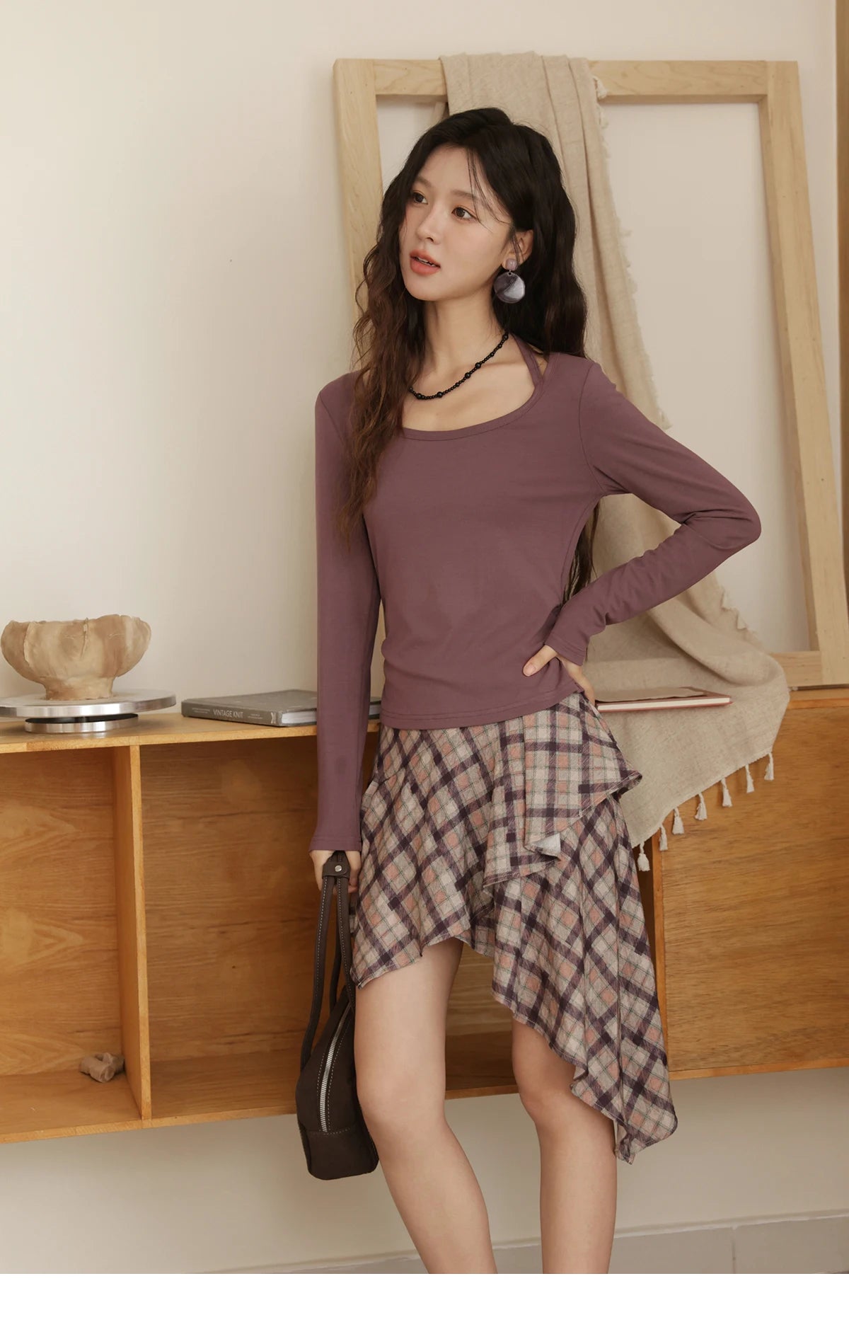 MISHOW Purple Plaid Irregular Skirt for Women Autumn 2025 Linen Blend Invisible Zipper Short Skirt Ruffle Hem Skirts MXE42B2395
