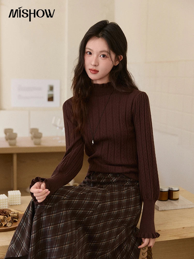 MISHOW Women's Half Turtleneck Ruffle Trim Lantern Sleeve Bottoming Tops 2025 Winter Vertical Rib Slim Knitted Top MXE93Z2810