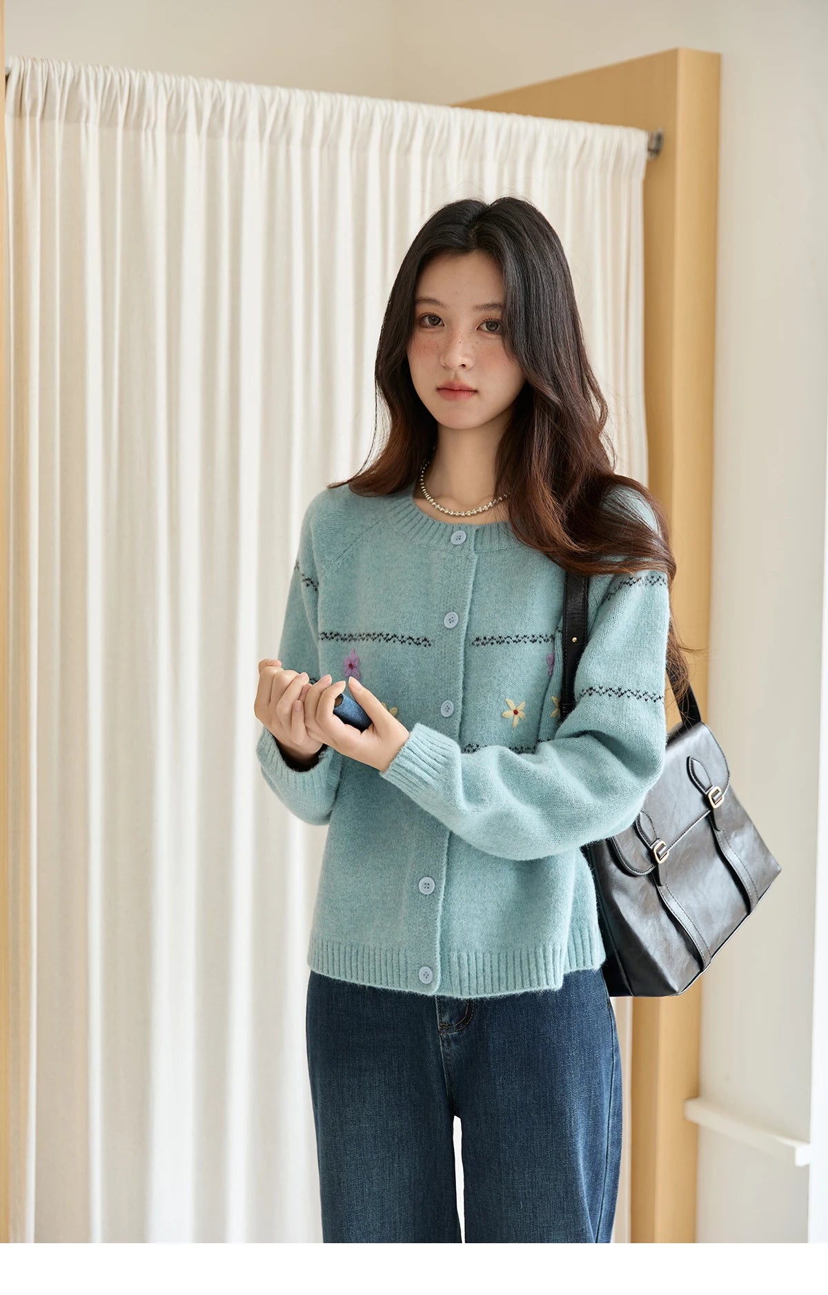MISHOW Women Cardigan Long Sleeve 2025 Autumn Winter Flower Embroidered Knitted Cardigan Commute Loose Blue Knit Top MXE46Z2581