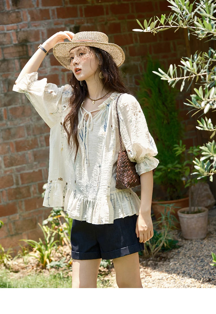 MISHOW Women's V-neck Lace Up Blouse 2025 Summer New Fashion Embroidery Mushroom Edge Commute Top Women's Blouse MXE39X1959
