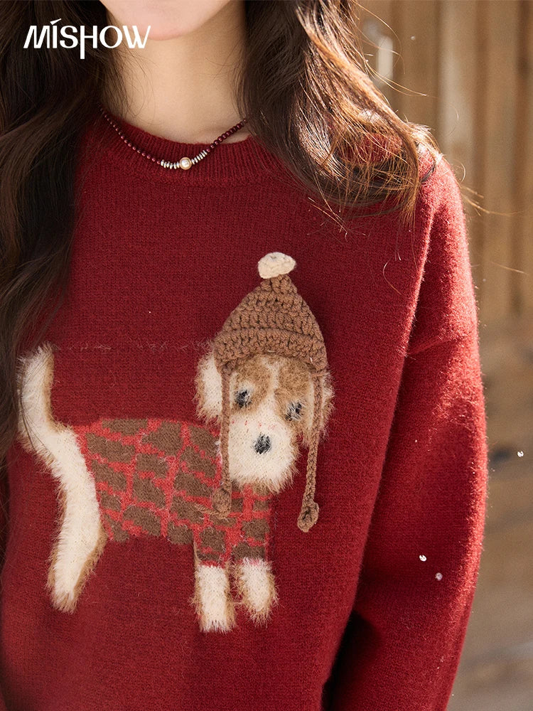 MISHOW New Year Women's Red Knitted Sweater 2025 Autumn Winter Dog Pattern Crew Neck sweaters Warm Loose Pullover Top MXE93Z2811