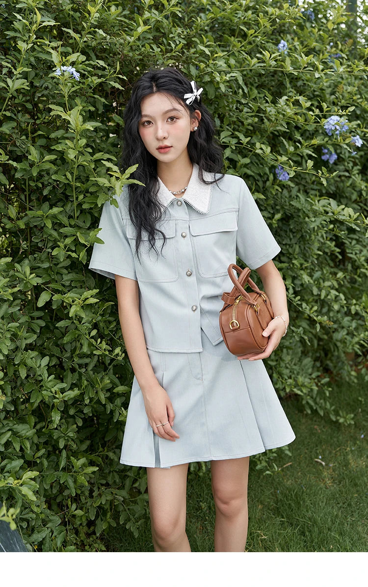 MISHOW French Fragrance Top Pleated Skirt Separately 2024 Lapel Neck Single Breasted Shirt High Waist A-line Skirts MXD24C0201