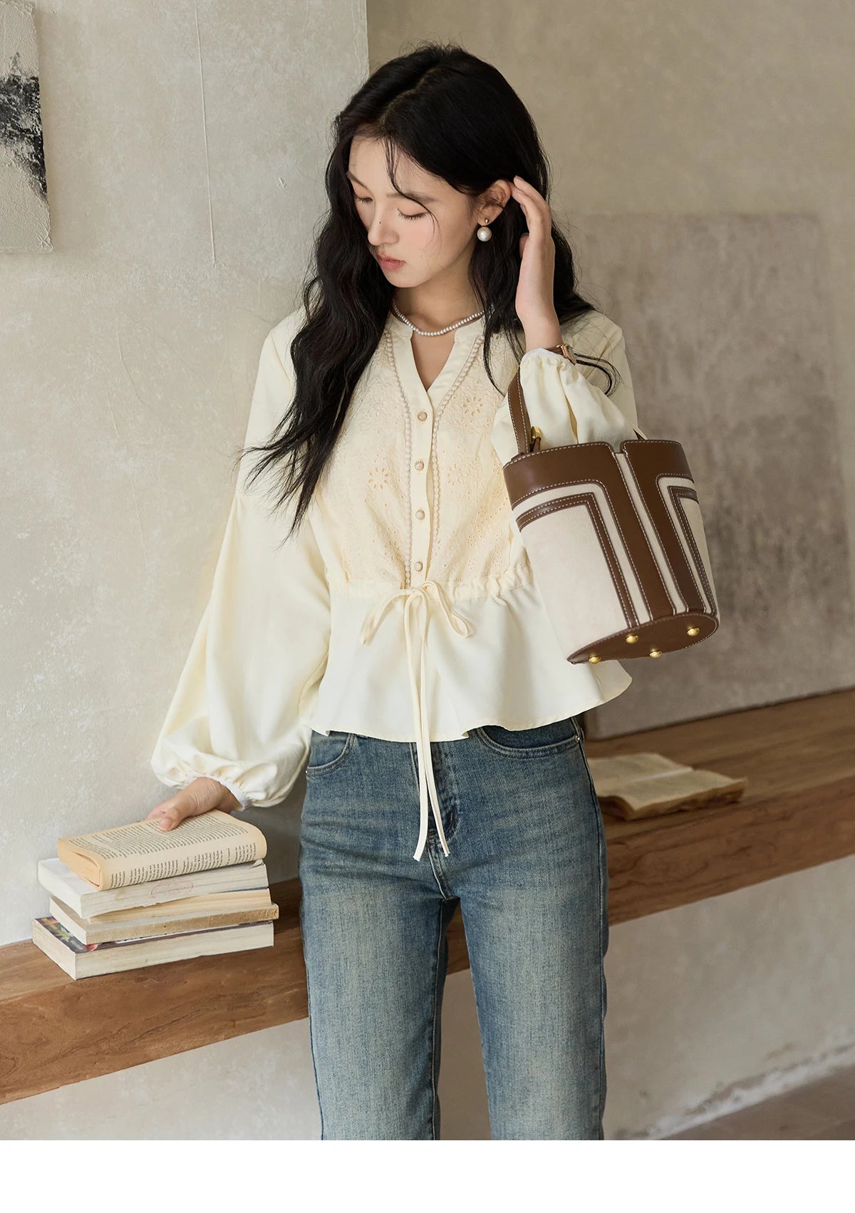 MISHOW Women's French V-neck Blouse Lace Lantern Sleeve Long-sleeved Blouses 2024 Fall Tie Drawstring Waist Slim Tops MXD45X1660