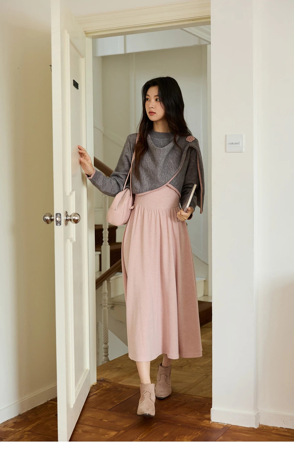 MISHOW Women's Knitted Suit 2025 Autumn Sweet Style Irregular Round Neck Top Pink Suspender Dress Slim Two-piece SuitMXE49T1397