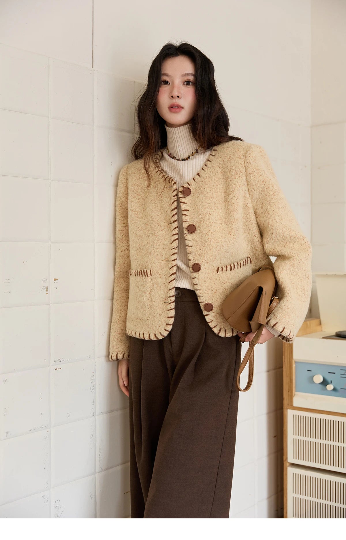 MISHOW Women Winter Jacket 2025 Fashion New Apricot Round Neck Single-breasted Wool Coat Elegant Commuting Short Coat MXE88W0885