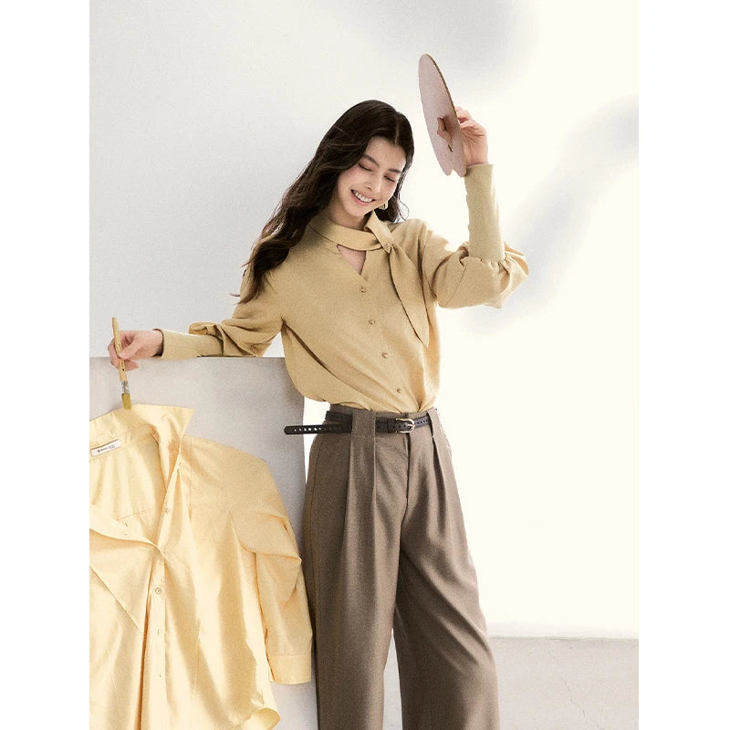 MISHOW Women's Tie Neck Shirts Spring Hollow-out Knitted Patchwork Puff Sleeve Tops Casual Elegant Shirt Office Lady MXF108C0812